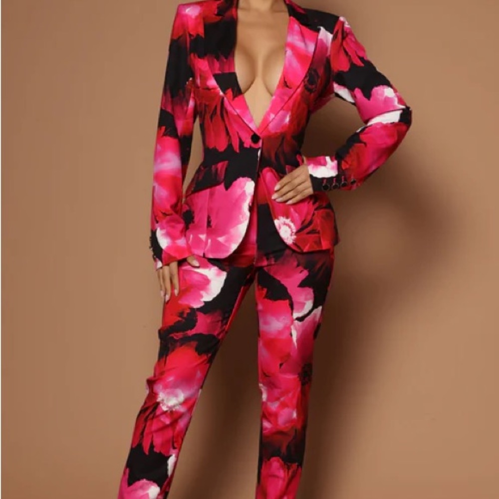 2 piece Floral Pink, Red and Black Women's Pant Suit